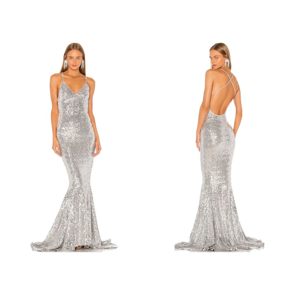 Norma Kamali Sequin Mermaid Fishtail Gown in Silver XS NWT Small Flaw